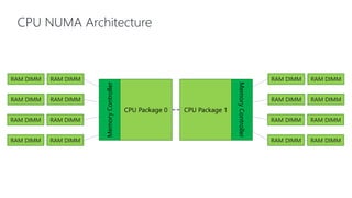 CPU NUMA Architecture
CPU Package 0
RAM DIMM
MemoryController CPU Package 1
MemoryController
RAM DIMM
RAM DIMM RAM DIMM
RAM DIMM RAM DIMM
RAM DIMM RAM DIMM
RAM DIMM RAM DIMM
RAM DIMM RAM DIMM
RAM DIMM RAM DIMM
RAM DIMM RAM DIMM
 