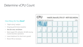 Determine vCPU Count
How Many Do You Need?
• “Right-sizing” analysis
• Ongoing performance baseline
• Size for now, not future
• Want target CPU utilization 40-60% during
routine business operations
• Leave headroom for short-term growth
• Resize VM as necessary
 