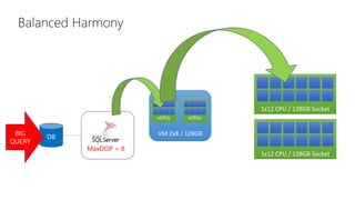 Balanced Harmony
1x12 CPU / 128GB Socket
1x12 CPU / 128GB Socket
VM 2x8 / 128GB
vCPUs vCPUs
MaxDOP = 8
DB
BIG
QUERY
 