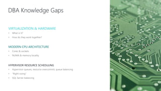 DBA Knowledge Gaps
VIRTUALIZATION & HARDWARE
• What is it?
• How do they work together?
MODERN CPU ARCHITECTURE
• Cores & sockets
• NUMA & memory locality
HYPERVISOR RESOURCE SCHEDULING
• Hypervisor queues, resource overcommit, queue balancing
• “Right-sizing”
• SQL Server balancing
 