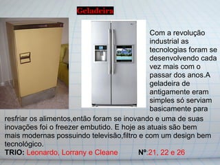 Geladeira

                                             Com a revolução
                                             industrial as
                                             tecnologias foram se
                                             desenvolvendo cada
                                             vez mais com o
                                             passar dos anos.A
                                             geladeira de
                                             antigamente eram
                                             simples só serviam
                                             basicamente para
resfriar os alimentos,então foram se inovando e uma de suas
inovações foi o freezer embutido. E hoje as atuais são bem
mais modernas possuindo televisão,filtro e com um design bem
tecnológico.
TRIO: Leonardo, Lorrany e Cleane         Nº:21, 22 e 26
 