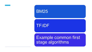 BM25
TF:IDF
Example common first
stage algorithms
 