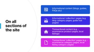 On all
sections of
the site
Informational content (blogs, guides,
FAQs etc)
Informational ‘collection’ pages (e.g.
blog category pages, guide hub
pages)
Transactional content (e.g. -
ecommerce product pages, local
listings)
Transactional ‘collection’ pages (e.g. -
ecommerce category pages, local
listing category pages)
 