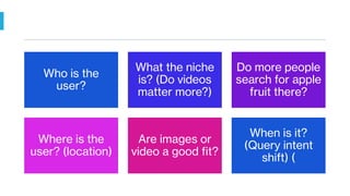 Who is the
user?
What the niche
is? (Do videos
matter more?)
Do more people
search for apple
fruit there?
Where is the
user? (location)
Are images or
video a good fit?
When is it?
(Query intent
shift) (
 