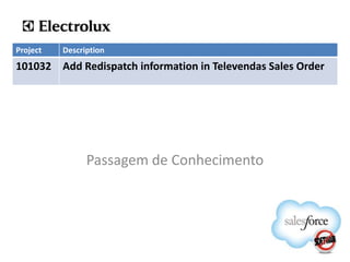 Project   Description
101032 Add Redispatch information in Televendas Sales Order




                Passagem de Conhecimento
 