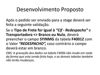 Desenvolvimento Proposto
Após o pedido ser enviado para a stage deverá ser
feita a seguinte validação.
Se o Tipo de Frete for igual à “Cif - Redespacho” e
Transportadora <> Branco ou Nulo, deverá
preencher o campo SYINMG da tabela F4001Z com
o Valor “REDESPACHO”, caso contrário o campo
deverá estar em branco.
OBS: A gravação dos dados na tabela F4006 não muda em nada
da forma que esta sendo feita hoje, e as demais tabelas também
não terão mudanças.
 