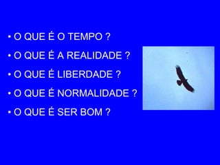 •  O QUE É O TEMPO ? •  O QUE É A REALIDADE ? •  O QUE É LIBERDADE ? •  O QUE É NORMALIDADE ? •  O QUE É SER BOM ? 