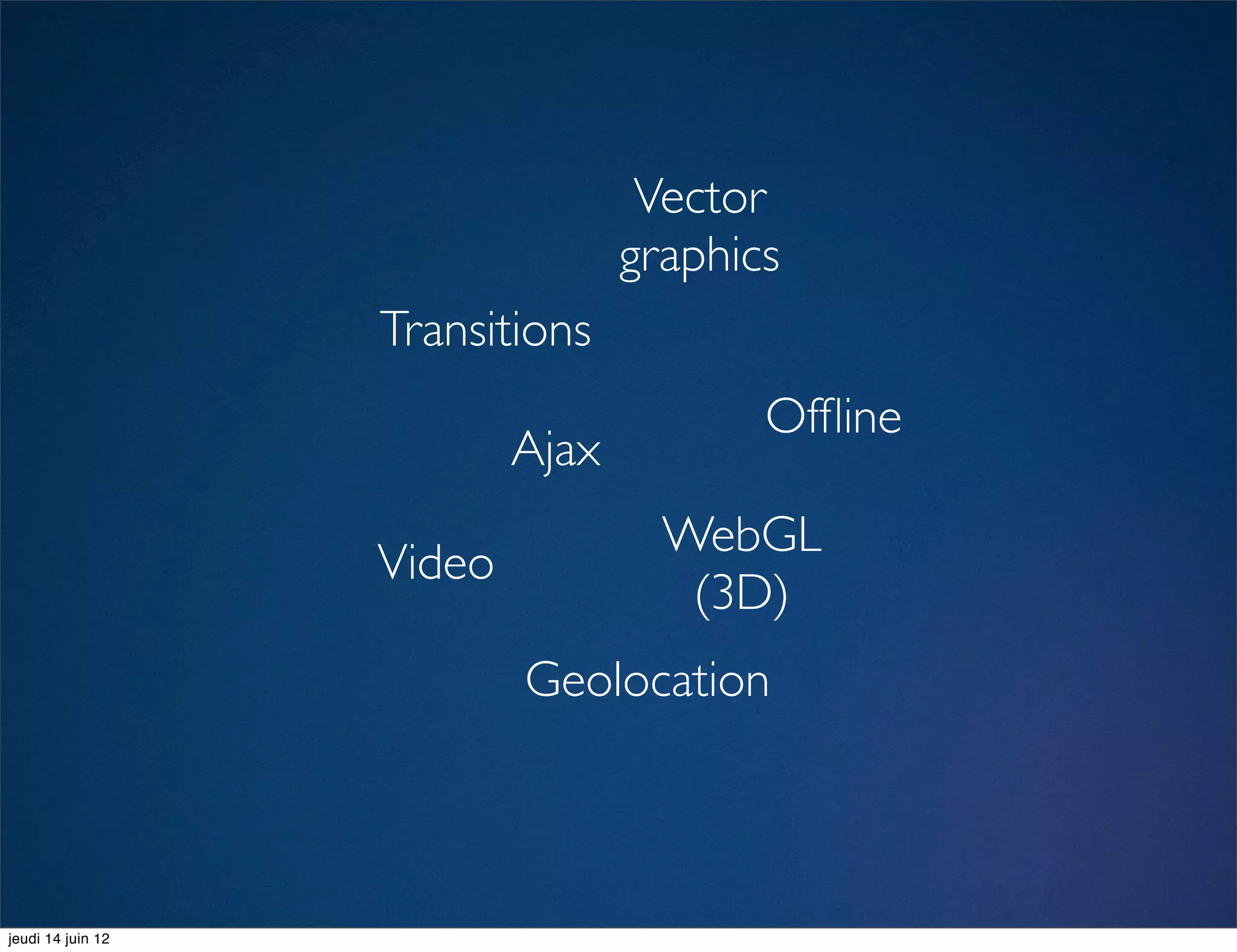 Vector
                                  graphics
                   Transitions
                                         Ofﬂine
                           Ajax
                                    WebGL
                   Video
                                     (3D)
                           Geolocation



jeudi 14 juin 12
 