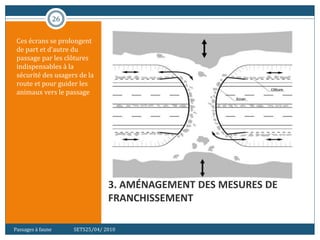 26
3. AMÉNAGEMENT DES MESURES DE
FRANCHISSEMENT
Ces écrans se prolongent
de part et d’autre du
passage par les clôtures
indispensables à la
sécurité des usagers de la
route et pour guider les
animaux vers le passage
Passages à faune SETS25/04/ 2010
 