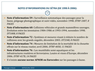 NOTES D’INFORMATIONS DU SÉTRA (DE 1990 À 2006):
Passages à faune SETS25/04/ 2010
57
 Note d’information 59 : Surveillance automatique des passages pour la
faune, piégeage photographique et suivi vidéo, novembre 1998. DTRF-1007, 8
PAGES
 Note d’information 60: Collisions véhicules et grands mammifères sauvages.
Evolution entre les inventaires 1984-1986 et 1993-1994, novembre 1998.
DT1008, 8 PAGES
 Note d’information 72 : Systèmes et mesures visant à réduire le nombre de
collisions avec les grands ongulés, décembre 2003. DT3348, 8 PAGES
 Note d’information 74 : Mesures de limitation de la mortalité de la chouette
effraie sur le réseau routier, avril 2006. DTRF-4050, 11 PAGES
 Note d’information 76 : Les mustélidés semi-aquatiques et les
infrastructures routières et ferroviaires. Loutre et vison d’Europe, décembre
2006. DTRF-4178, 14 PAGES
 Il n’existe aucune norme AFNOR ou Eurocodes sur les passages à faune.
 