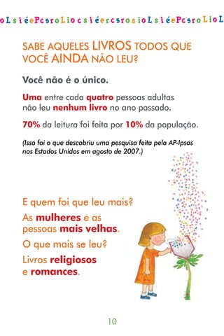 SABE AQUELES LIVROS TODOS QUE
VOCÊ AINDA NÃO LEU?

Você não é o único.
Uma entre cada quatro pessoas adultas
não leu nenhum livro no ano passado.
70% da leitura foi feita por 10% da população.

(Isso foi o que descobriu uma pesquisa feita pela AP-Ipsos
nos Estados Unidos em agosto de 2007.)




E quem foi que leu mais?
As mulheres e as
pessoas mais velhas.
O que mais se leu?
Livros religiosos
e romances.



                            0
 