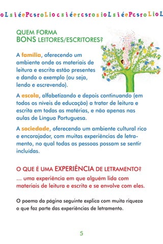 QUEM FORMA
BONS LEITORES/ESCRITORES?
A família, oferecendo um
ambiente onde os materiais de
leitura e escrita estão presentes
e dando o exemplo (ou seja,
lendo e escrevendo).
A escola, alfabetizando e depois continuando (em
todos os níveis de educação) a tratar de leitura e
escrita em todas as matérias, e não apenas nas
aulas de Língua Portuguesa.
A sociedade, oferecendo um ambiente cultural rico
e encorajador, com muitas experiências de letra-
mento, no qual todas as pessoas possam se sentir
incluídas.


O QUE É UMA EXPERIÊNCIA DE LETRAMENTO?
… uma experiência em que alguém lida com
materiais de leitura e escrita e se envolve com eles.

O poema da página seguinte explica com muita riqueza
o que faz parte das experiências de letramento.



                          5
 