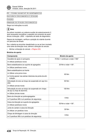 01 - Sistema susceptível de autodiagnóstico
Assistência electromecânica à direcção
Funções
Adaptação da direcção electromecânica
Seguir as instruções no ecrã.
Nota
Se estiver montado um sistema auxiliar de estacionamento 2,
será necessário recodificar o aparelho de comando da assis-
tência à direcção -J500- ⇒ Aparelho de teste de diagnóstico.
Depois da montagem, verificar a posição do volante durante
um percurso de ensaio.
Se o volante se encontrar desalinhado ou se se tiver montado
uma caixa da direcção nova, alinhar a direcção do veículo .
– Alinhar a direcção do veículo ⇒ Página 333.
Binários de aperto
Componente Binário de aperto
Cavalete de apoio à carroçaria
◆ Utilizar parafusos novos
70 Nm + continuar a rodar +180°
Barra estabilizadora ao suporte de agregados
◆ Utilizar parafusos novos
20 Nm e rodar + 90°.
Barra estabilizadora ao tirante
◆ Utilizar uma porca nova.
◆ Contra-apoiar nas estrias interiores da ponta da arti-
culação
65 Nm
Articulação do eixo ao braço da suspensão em aço fun-
dido
◆ Utilizar porcas novas
60 Nm
Articulação do eixo ao braço da suspensão em chapa
de aço ou forja de alumínio.
◆ Utilizar porcas novas
100 Nm
Barra da direcção ao porta-agregados
◆ O parafuso M6 é um parafuso de segurança
6 Nm
Caixa da direcção ao suporte de agregados
◆ Utilizar parafusos novos
50 Nm e rodar + 90°.
Junta do cardan à caixa da direcção
◆ Utilizar um parafuso novo
30 Nm
Chapa de blindagem à caixa da direcção
◆ O parafuso M6 é um parafuso de segurança
6 Nm
3 Passat 2006 ▶
Chassis, eixos, direcção 04.2011
430 Grupo de Reparação 48 - Direcção
 