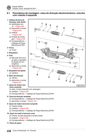 8.1 Panorâmica de montagem: caixa da direcção electromecânica, veículos
com volante à esquerda
1 - Cabeça da barra da
direcção, lado direito
q identificada com
„A“ ⇒ Página 442
q desmontar e montar
⇒ Página 444
q verificar:
⇒ Página 448
q Posição de monta-
gem ⇒ Página 448
q Correspondência ⇒ 
Catálogo de Peças
Electrónico„ETKA“
2 - Porca
q 70 Nm
3 - Braçadeira
4 - Fole
q Não pode ficar torci-
do após a regulação
do ângulo de con-
vergência
q desmontar e montar
⇒ Página 446
5 - Braçadeira de aperto
q substituir
6 - Barra da direcção
q 100 Nm
q desmontar e montar
⇒ Página 441
7 - Apoio de metal e bor-
racha comprido
q atrás, no lado esquerdo com centragem
q substituir ⇒ Página 439
q Correspondência ⇒  Catálogo de Peças Electrónico„ETKA“
8 - Caixa da direcção assistida
q Correspondência ⇒  Catálogo de Peças Electrónico„ETKA“
q desmontar e montar ⇒ Página 416
9 - Apoio de metal e borracha comprido
q Traseira direita
q substituir ⇒ Página 439
q Correspondência ⇒  Catálogo de Peças Electrónico„ETKA“
10 - Apoio de metal e borracha curto
q à frente, do lado esquerdo e do lado direito
q substituir ⇒ Página 439
q Correspondência ⇒  Catálogo de Peças Electrónico„ETKA“
11 - Placa de apoio
3 Passat 2006 ▶
Chassis, eixos, direcção 04.2011
438 Grupo de Reparação 48 - Direcção
 