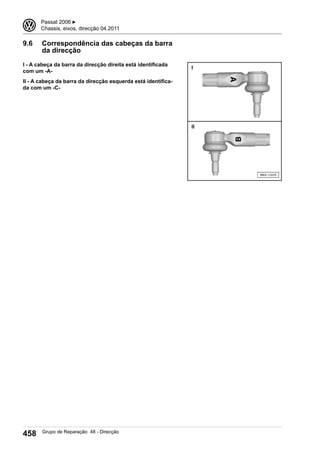 9.6 Correspondência das cabeças da barra
da direcção
I - A cabeça da barra da direcção direita está identificada
com um -A-
II - A cabeça da barra da direcção esquerda está identifica-
da com um -C-
3 Passat 2006 ▶
Chassis, eixos, direcção 04.2011
458 Grupo de Reparação 48 - Direcção
 