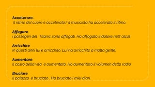 12
Accelerare.
Il ritmo del cuore è accelerato/ il musicista ha accelerato il ritmo.
Affogare.
i passegeri del Titanic sono affogati. Ho affogato il dolore nell’ alcol
Arricchire.
In questi anni lui e arricchito. Lui ha arricchito a molta gente.
Aumentare.
Il costo della vita è aumentato. Ho aumentato il volumen della radio
Bruciare.
Il palazzo è bruciato . Ho bruciato i miei diari.
 