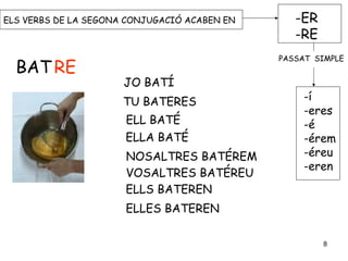 ELS VERBS DE LA SEGONA CONJUGACIÓ ACABEN EN -ER
-RE
BAT RE
JO BATÍ
TU BATERES
ELL BATÉ
ELLA BATÉ
NOSALTRES BATÉREM
VOSALTRES BATÉREU
ELLS BATEREN
ELLES BATEREN
PASSAT SIMPLE
-í
-eres
-é
-érem
-éreu
-eren
8
 
