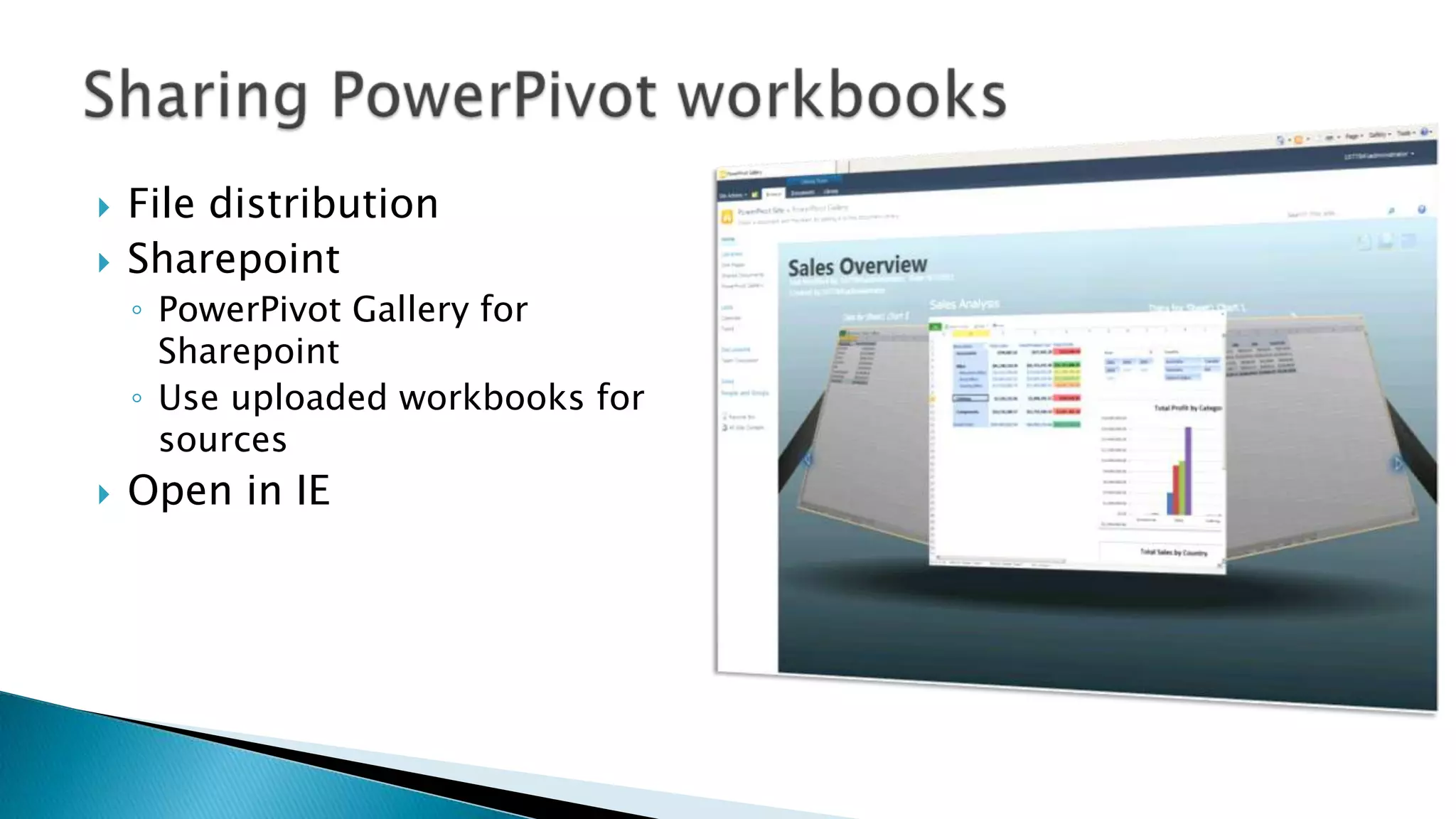    File distribution
   Sharepoint
    ◦ PowerPivot Gallery for
      Sharepoint
    ◦ Use uploaded workbooks for
      sources
   Open in IE
 