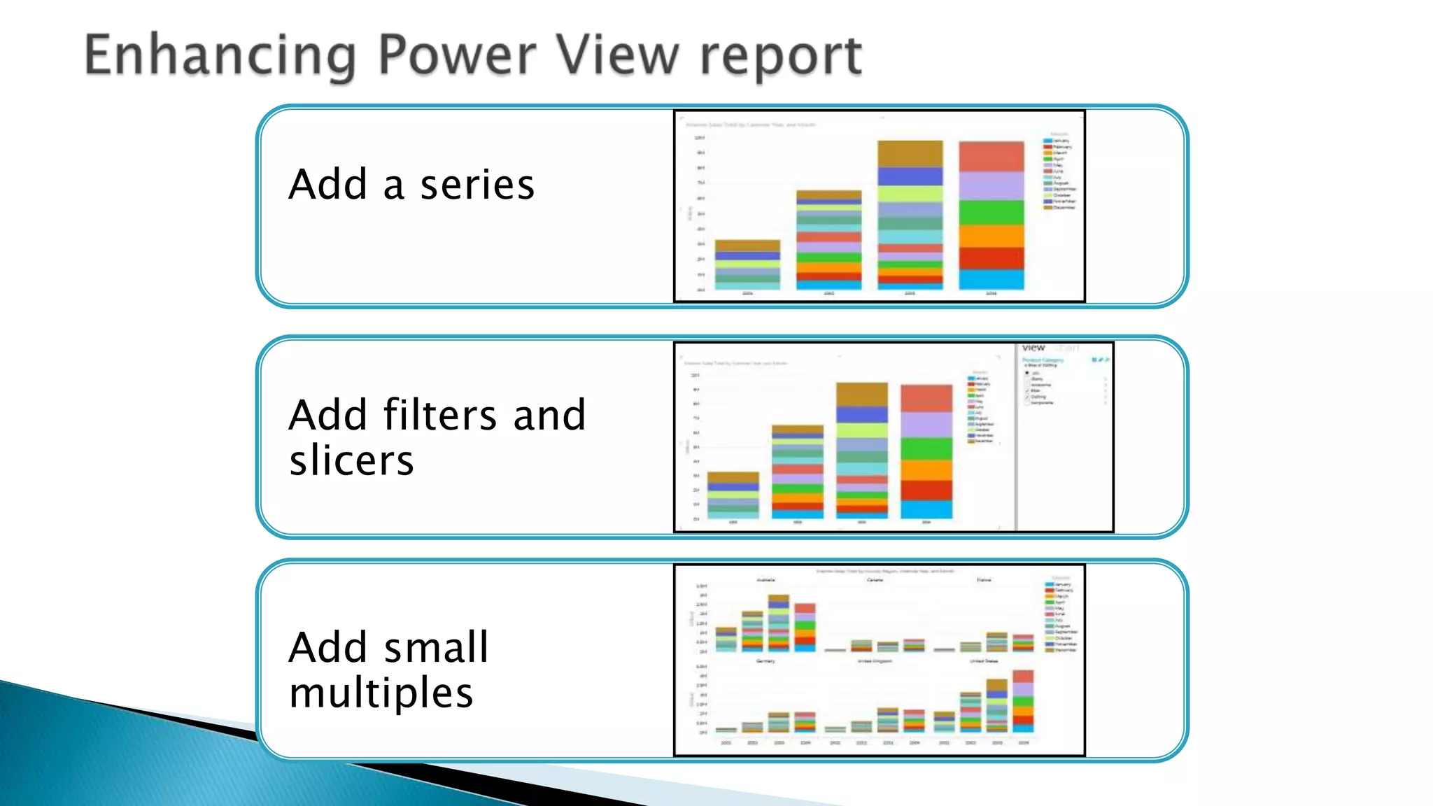 Add a series




Add filters and
slicers



Add small
multiples
 