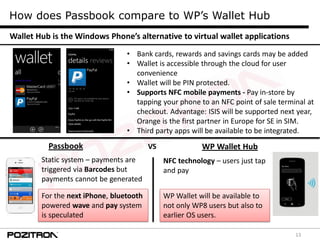 13
How does Passbook compare to WP’s Wallet Hub
• Bank cards, rewards and savings cards may be added
• Wallet is accessible through the cloud for user
convenience
• Wallet will be PIN protected.
• Supports NFC mobile payments - Pay in-store by
tapping your phone to an NFC point of sale terminal at
checkout. Advantage: ISIS will be supported next year,
Orange is the first partner in Europe for SE in SIM.
• Third party apps will be available to be integrated.
Wallet Hub is the Windows Phone’s alternative to virtual wallet applications
Passbook
Static system – payments are
triggered via Barcodes but
payments cannot be generated
For the next iPhone, bluetooth
powered wave and pay system
is speculated
WP Wallet HubVS
NFC technology – users just tap
and pay
WP Wallet will be available to
not only WP8 users but also to
earlier OS users.
 
