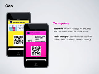 Gap
Retention: No clear strategy for ensuring
new customers return for repeat visits
Social Enough? Over-reliance on social for
mobile offers not always the best strategy
To Improve
 