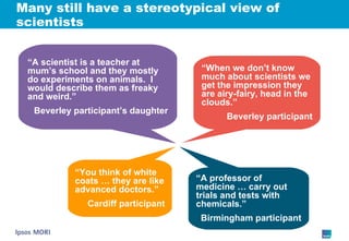 Many still have a stereotypical view of scientists “ A scientist is a teacher at mum’s school and they mostly do experiments on animals.  I would describe them as freaky and weird.” Beverley participant’s daughter “ You think of white coats … they are like advanced doctors.” Cardiff participant “ When we don’t know much about scientists we get the impression they are airy-fairy, head in the clouds.” Beverley participant “ A professor of medicine … carry out trials and tests with chemicals.” Birmingham participant 