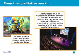 From the qualitative work… At best, science seen as creative, as well as rigorous and meticulous Older people have an expectation that the science “I learned at school” is difficult and dry, while new science is seen as entertaining, stylish, easier to engage with, with high production values 