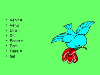 •   Venir =
•   Venu
•   Dire =
•   Dit
•   Écrire =
•   Écrit
•   Faire =
•   fait
 