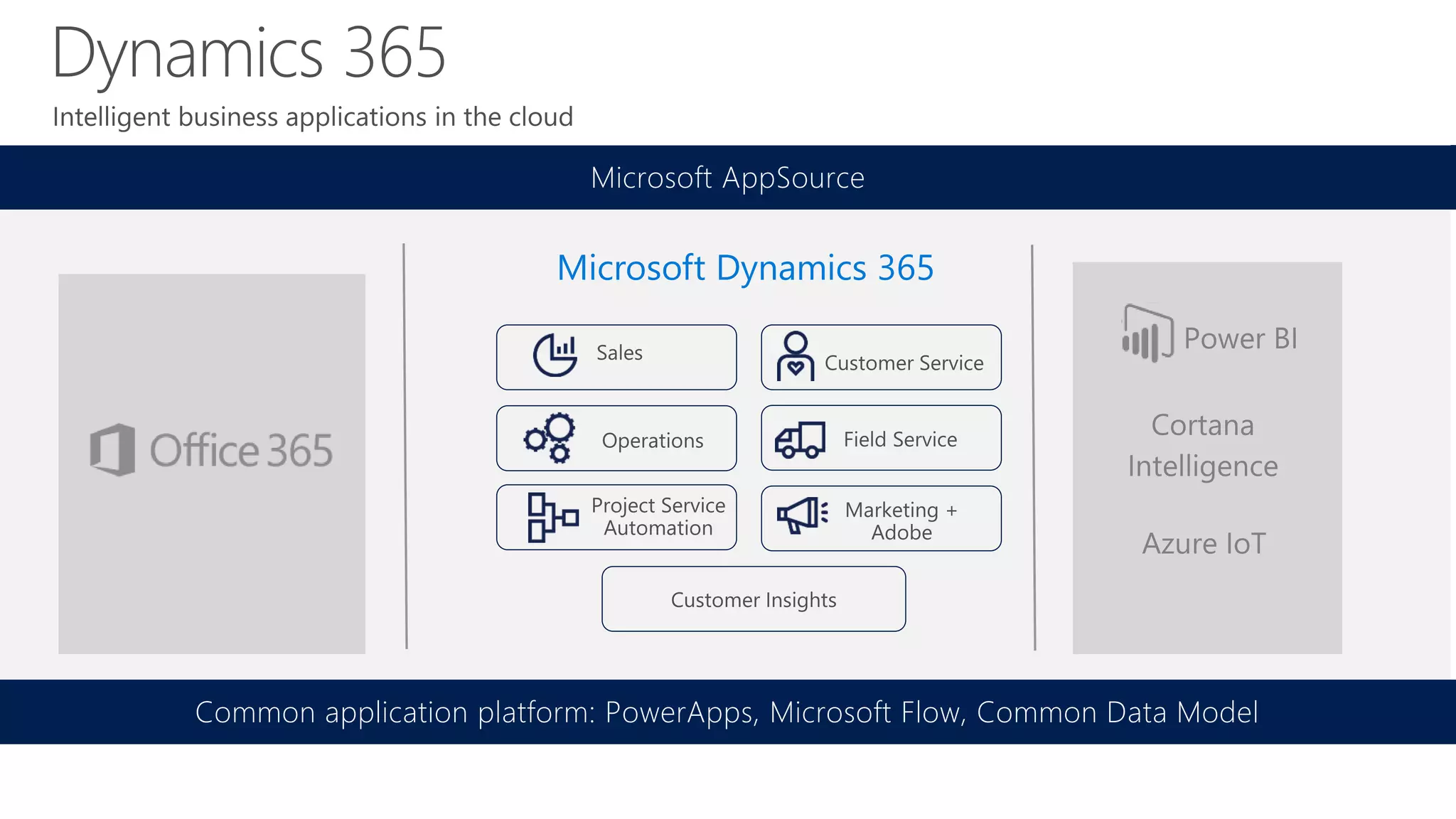 Common application platform: PowerApps, Microsoft Flow, Common Data Model
Microsoft AppSource
Microsoft Dynamics 365
 