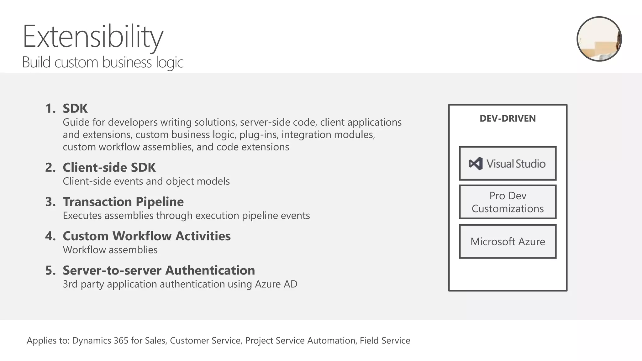 1. SDK
Guide for developers writing solutions, server-side code, client applications
and extensions, custom business logic, plug-ins, integration modules,
custom workflow assemblies, and code extensions
2. Client-side SDK
Client-side events and object models
3. Transaction Pipeline
Executes assemblies through execution pipeline events
4. Custom Workflow Activities
Workflow assemblies
5. Server-to-server Authentication
3rd party application authentication using Azure AD
DEV-DRIVEN
Microsoft Azure
Pro Dev
Customizations
Applies to: Dynamics 365 for Sales, Customer Service, Project Service Automation, Field Service
 