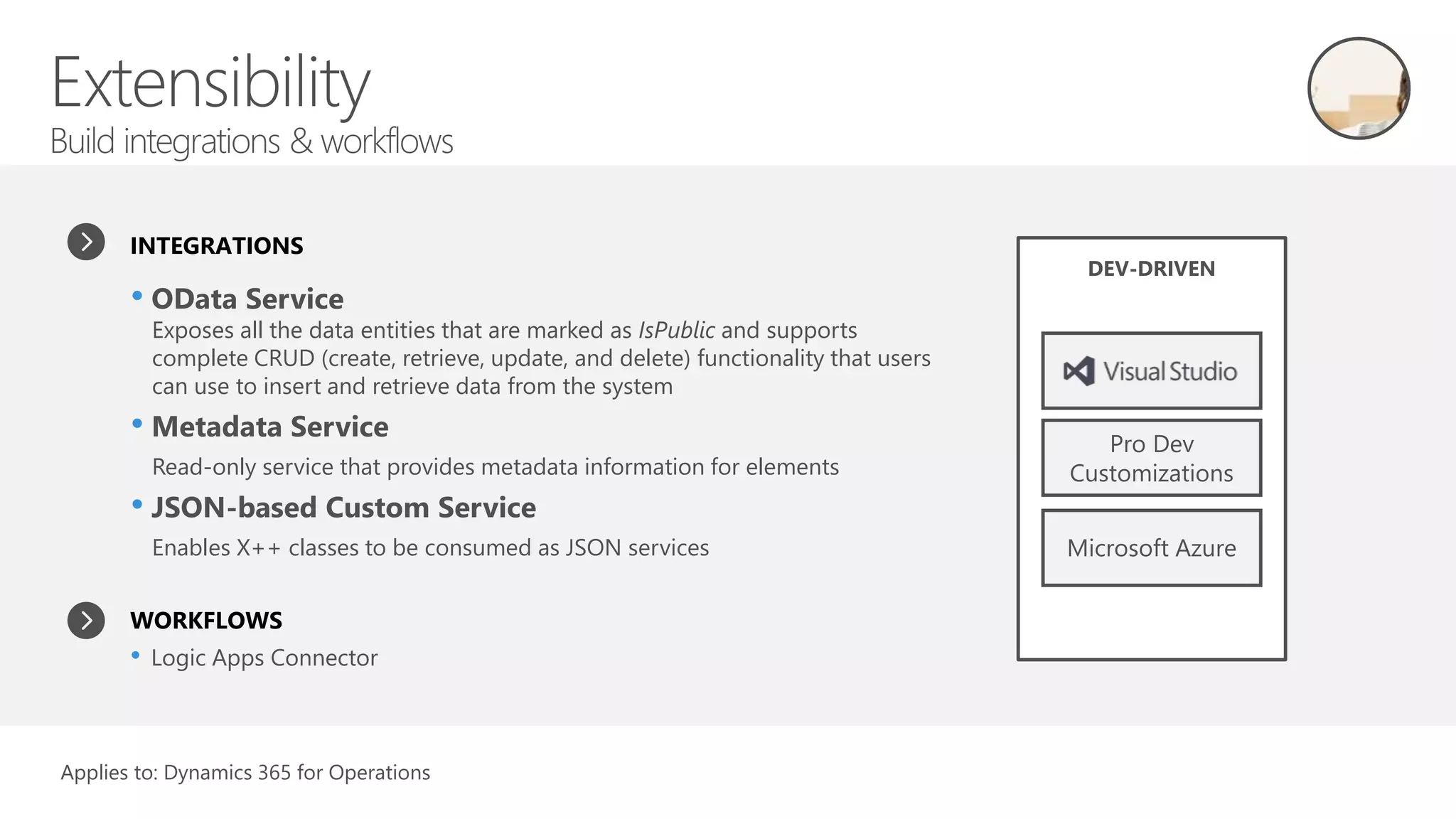 DEV-DRIVEN
Microsoft Azure
Pro Dev
Customizations
Applies to: Dynamics 365 for Operations
INTEGRATIONS
WORKFLOWS
• Logic Apps Connector
• OData Service
Exposes all the data entities that are marked as IsPublic and supports
complete CRUD (create, retrieve, update, and delete) functionality that users
can use to insert and retrieve data from the system
• Metadata Service
Read-only service that provides metadata information for elements
• JSON-based Custom Service
Enables X++ classes to be consumed as JSON services
 