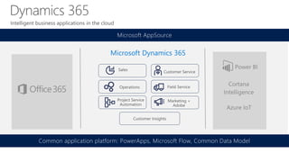 Common application platform: PowerApps, Microsoft Flow, Common Data Model
Microsoft AppSource
Microsoft Dynamics 365
 