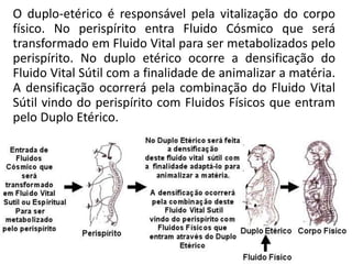 O duplo-etérico é responsável pela vitalização do corpo
físico. No perispírito entra Fluido Cósmico que será
transformado em Fluido Vital para ser metabolizados pelo
perispírito. No duplo etérico ocorre a densificação do
Fluido Vital Sútil com a finalidade de animalizar a matéria.
A densificação ocorrerá pela combinação do Fluido Vital
Sútil vindo do perispírito com Fluidos Físicos que entram
pelo Duplo Etérico.
 