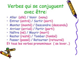 Verbes qui se conjuguent
avec être:
• Aller (allé) / Venir (venu)
• Entrer (entré) / Sortir (sorti)
• Monter (monté) / Descendre (descendu)
• Arriver (arrivé) / Partir (parti)
• Naître (né) / Mourir (mort)
• Rester (resté) / Tomber (tombé)
• Passer (passé) / Retourner (retourné)
Et tous les verbes pronominaux ( se lever…)
 