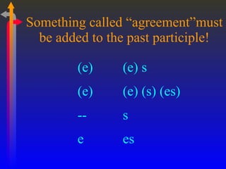 Something called “agreement”must be added to the past participle! (e) (e) s (e) (e) (s) (es) -- s e es 