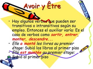 Avoir y Être

• Hay algunos verbos que pueden ser
  transitivos o intransitivos según su
  empleo. Entonces el auxiliar varía: Es el
  caso de verbos como sortir, entrer,
  monter, descendre...
• Elle a monté les livres au premier
  étage: Subió los libros al primer piso
• Elle est montée au premier étage:
  Subió al primer piso
 