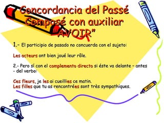 Concordancia del Passé
    Composé con auxiliar
         “AVOIR”
1.- El participio de pasado no concuerda con el sujeto:
Les acteurs ont bien joué leur rôle.

2.- Pero sí con el complemento directo si éste va delante – antes
- del verbo:

Ces fleurs, je les ai cueillies ce matin.
Les filles que tu as rencontrées sont très sympathiques.
 