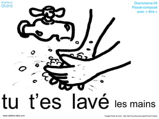 Diamorama 04
                                                            Passé-composé
                                                              avec « être »




tu t’es lavé les mains
www.ateliers-alea.com   Images libres de droit : http://tell.fll.purdue.edu/JapanProj/FLClipart
 
