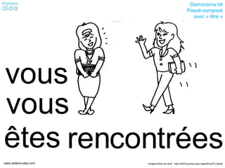 Diamorama 04
                                                            Passé-composé
                                                              avec « être »




vous
vous
êtes rencontrées
www.ateliers-alea.com   Images libres de droit : http://tell.fll.purdue.edu/JapanProj/FLClipart
 