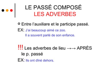 LE PASSÉ COMPOSÉ
       LES ADVERBES
Entre l’auxiliare et le participe passé.
EX: J’ai beaucoup aimé ce zoo.
    Il a souvent parlé de son enfance.


!!! Les adverbes de lieu →→ APRÈS
 le p. passé
EX: Ils ont dîné dehors.
 