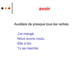 avoir


Auxiliare de presque tous les verbes

  J’ai mangé.
  Nous avons voulu.
  Elle a fini.
  Tu as marché.
 