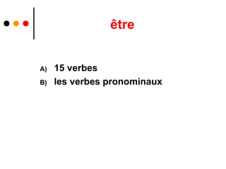 être


A)   15 verbes
B)   les verbes pronominaux
 