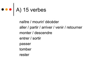 A) 15 verbes

 naître / mourir/ décéder
 aller / partir / arriver / venir / retourner
 monter / descendre
 entrer / sortir
 passer
 tomber
 rester
 