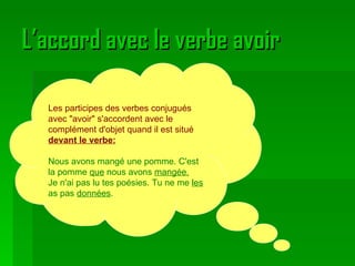 L’accord avec le verbe avoir Les participes des verbes conjugués avec "avoir" s'accordent avec le complément d'objet quand il est situé  devant le verbe: Nous avons mangé une pomme. C'est la pomme  que  nous avons  mangée. Je n'ai pas lu tes poésies. Tu ne me  les  as pas  données .    