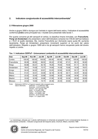 4




2.        Indicatore congiunturale di accessibilità intercontinentale1


2.1 Rilevazione giugno 2000

Anche a giugno 2000 e dunque con l’entrata in vigore dell’orario estivo, l’indicatore di accessibilità
conferma Londra come principale hub. I risultati sono presentati nella tavola 1.

Per quanto concerne gli altri aeroporti di vertice, la classifica rimane immutata, con Francoforte,
Parigi ed Amsterdam che presentano valori dell’indicatore compresi tra il 90,82 dell’hub tedesco
e i 78,01 di quello olandese. Ma, mentre Francoforte pur ritornando sopra quota 90, aumenta
lievemente, Parigi ed Amsterdam presentano incrementi superiori ai tre punti del valore
dell’indicatore. Rispetto a giugno 1999 tutti e tre gli aeroporti hanno recuperato parte del divario
rispetto a Londra.


Tav. 1: Indicatore CERTeT - Unioncamere Lombardia di accessibilità intercontinentale
Hub                 Sep-98       Nov-98         Jan-99        Apr-99         Jun-99    Oct-99       Dec-99       Jun-00
Londra                100.00        100.00        100.00        100.00        100.00    100.00        100.00        100.00
Francoforte             90.99         88.80         88.53         90.22        87.60     87.31          89.12         90.82
Parigi                  83.88         83.21         82.19         79.29        79.54     79.05          81.11         84.16
Amsterdam               78.61         74.59         73.77         74.69        74.39     75.89          74.55         78.01
Zurigo                  54.43         54.02         52.61         53.05        52.64     53.55          52.17         54.16
Roma                    51.61         33.31         33.05         32.18        34.18     38.11          34.57         38.32
Milano                  23.02         33.49         33.86         33.69        34.26     33.95          34.84         37.93
Madrid                  33.93         32.59         33.88         31.80        32.36     33.04          29.52         28.65
Monaco                  23.62         19.08         19.17         20.46        20.03     20.60          22.52         20.39
Fonte:   Elaborazioni CERTeT su Programmi operativi delle compagnie aeree.
         Date di riferimento:  Settembre – 7-13 settembre 1998
                               Novembre – 23-29 novembre 1998
                               Gennaio – 25-31 gennaio 1999
                               Aprile – 12-18 aprile 1999
                               Giugno – 14-20 giugno 1999
                               Ottobre – 4-10 ottobre 1999
                               Dicembre - 16-22 dicembre 1999
                               Giugno – 5-11 giugno 2000




1
 La metodologia utilizzata per il calcolo dell'indicatore è richiamata al paragrafo 5 ed è compiutamente illustrata in:
Unioncamere Lombardia – Indicatori congiunturali del trasporto aereo, brochure, Milano, dicembre 1998


                  CERTeT                                                                        Rapporto indicatori MXP0600.doc

                  Centro di Economia Regionale, dei Trasporti e del Turismo                                           18/07/02
                  Università Commerciale Luigi Bocconi
 