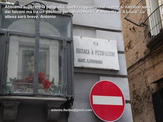 Abbiamo superato la parte alta, quella raggiungibile –come si narrava- solo
dai falconi ma tra un pochino percorreremo il “ Pallonetto di S.Lucia”.La
attesa sarà breve. Antonio




                       antonio.florino@gmail.com
 