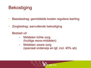 Bekostiging Basisbedrag: gemiddelde kosten reguliere leerling Zorgbedrag: aanvullende bekostiging Bestaat uit:  Middelen lichte zorg (huidige wsns-middelen) Middelen zware zorg (speciaal onderwijs en lgf, incl. 45% ab) 