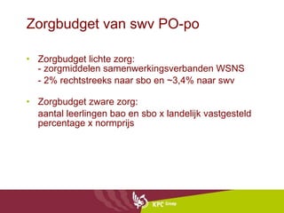 Zorgbudget van swv PO-po Zorgbudget lichte zorg:  - zorgmiddelen samenwerkingsverbanden WSNS - 2% rechtstreeks naar sbo en ~3,4% naar swv Zorgbudget zware zorg:  aantal leerlingen bao en sbo x landelijk vastgesteld percentage x normprijs 