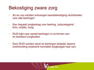 Bekostiging zware zorg  So en vso scholen ontvangen basisbekostiging rechtstreeks voor alle leerlingen Swv bepaalt zorgbedrag voor leerling, ‘prijscategorie’:  licht, middel, hoog DUO kijkt naar aantal leerlingen in so binnen swv en berekent zorgkosten Door DUO worden eerst so leerlingen betaald, daarna overheveling resterend normatief zorgbudget naar swv 