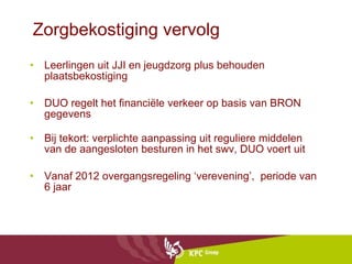 Zorgbekostiging vervolg Leerlingen uit JJI en jeugdzorg plus behouden plaatsbekostiging DUO regelt het financiële verkeer op basis van BRON gegevens Bij tekort: verplichte aanpassing uit reguliere middelen van de aangesloten besturen in het swv, DUO voert uit Vanaf 2012 overgangsregeling ‘verevening’,  periode van 6 jaar 